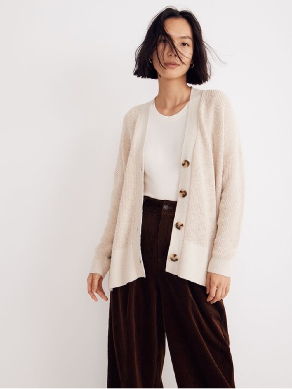 Madewell Beige Cream Blank Cotton Ribbed Knit Lovell Cardigan Sweater L